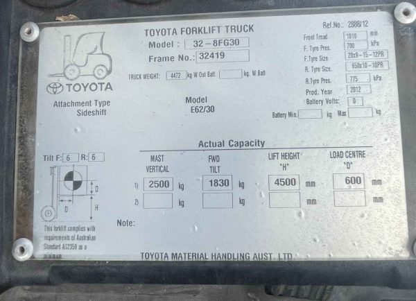 Toyota 3000kg LPG forklift with 4500mm 2 stage mast and sideshift - Image 5