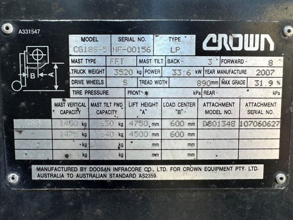 Crown 1800kg LPG forklift with 3 stage mast - Image 6