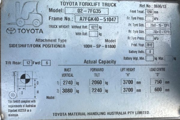 Toyota 3500kg LPG forklift with 2 stage mast w/ sideshift & fork positioner - Image 4