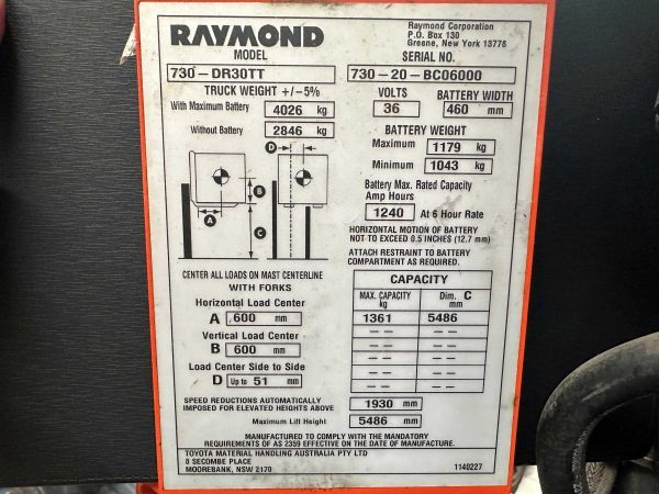 Toyota / Raymond 730-DR30TT pantograph battery electric reach truck. 2020 model. - Image 3