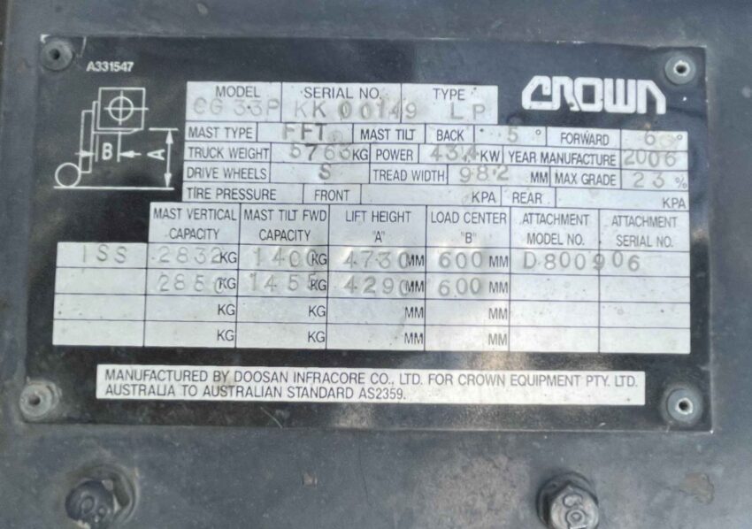 Crown 3000kg LPG forklift with 4730mm 3 stage mast & sideshift - Image 4