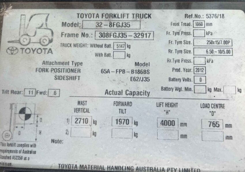 Toyota 3500kg LPG forklift with 4000mm 2 stage mast, fork positioner, & sideshift - Image 6