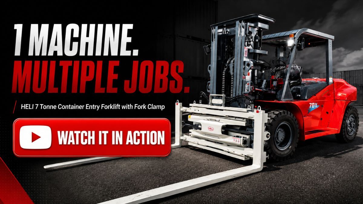 HELI 7 tonne container entry forklift with fork clamp operating inside a shipping container